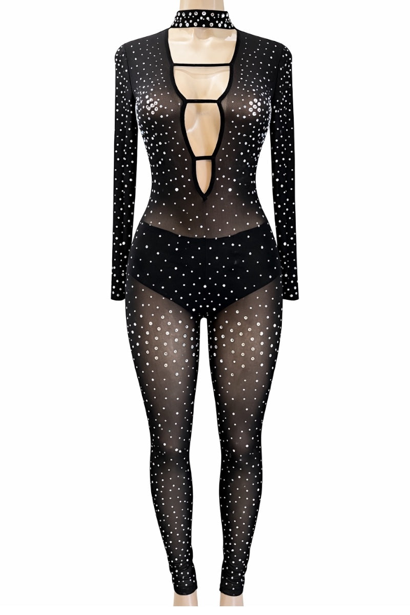Black jumpsuit with cut-out design and rhinestone pattern on a white background