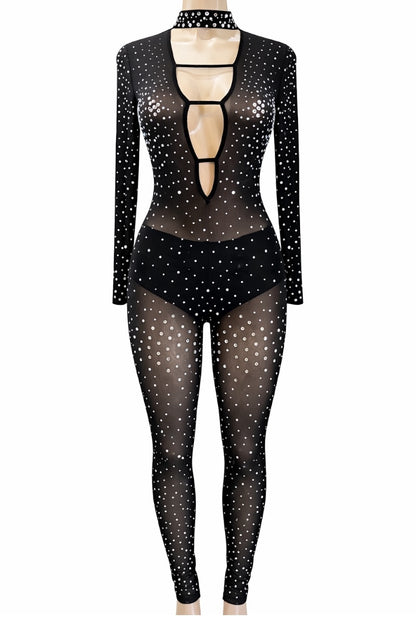 Black jumpsuit with cut-out design and rhinestone pattern on a white background