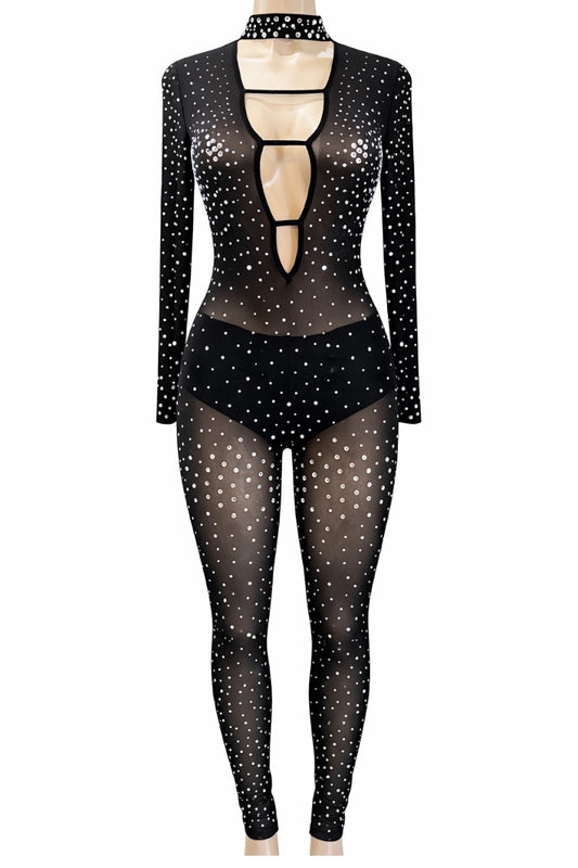 Black jumpsuit with cut-out design and rhinestone pattern on a white background