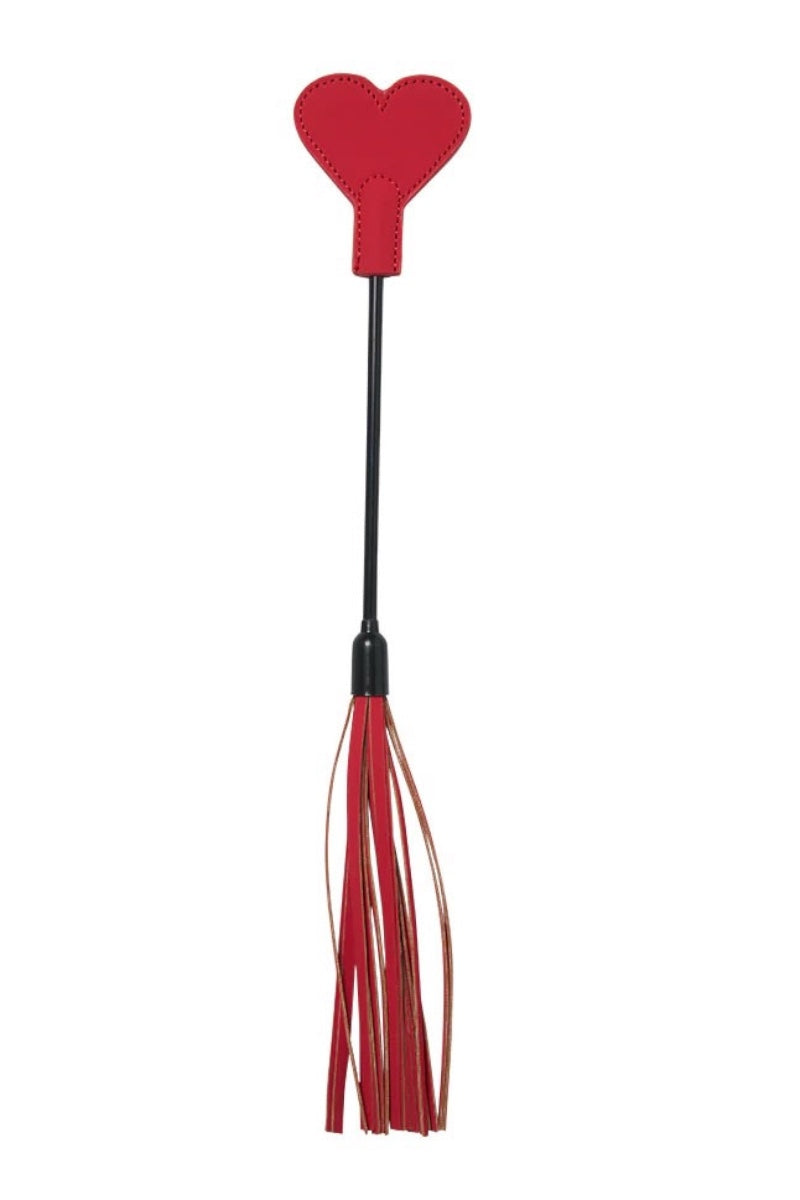 Red heart-shaped top with a black handle and red ribbons on a white background