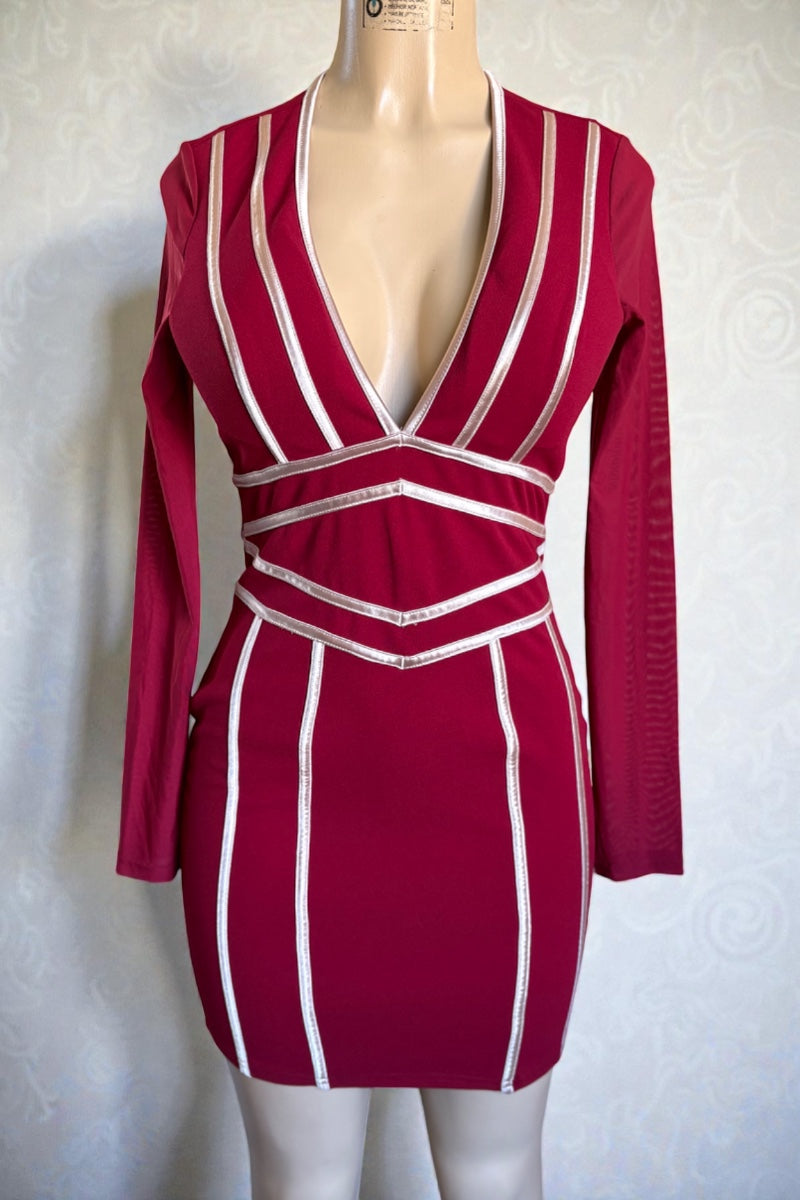 Burgundy dress with white stripes on a mannequin against a white background