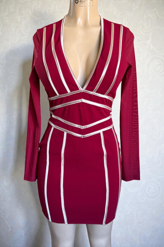 Burgundy dress with white stripes on a mannequin against a white background