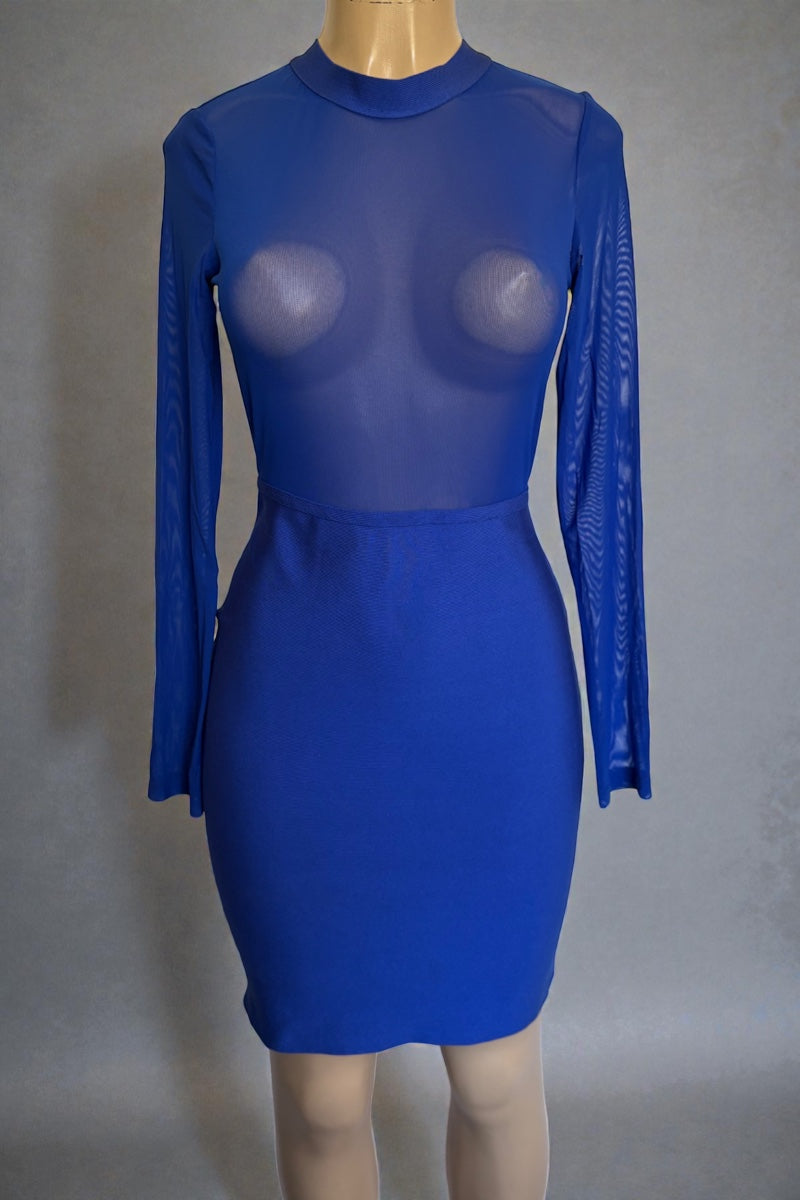 Blue dress with sheer long sleeves on a mannequin against a gray background