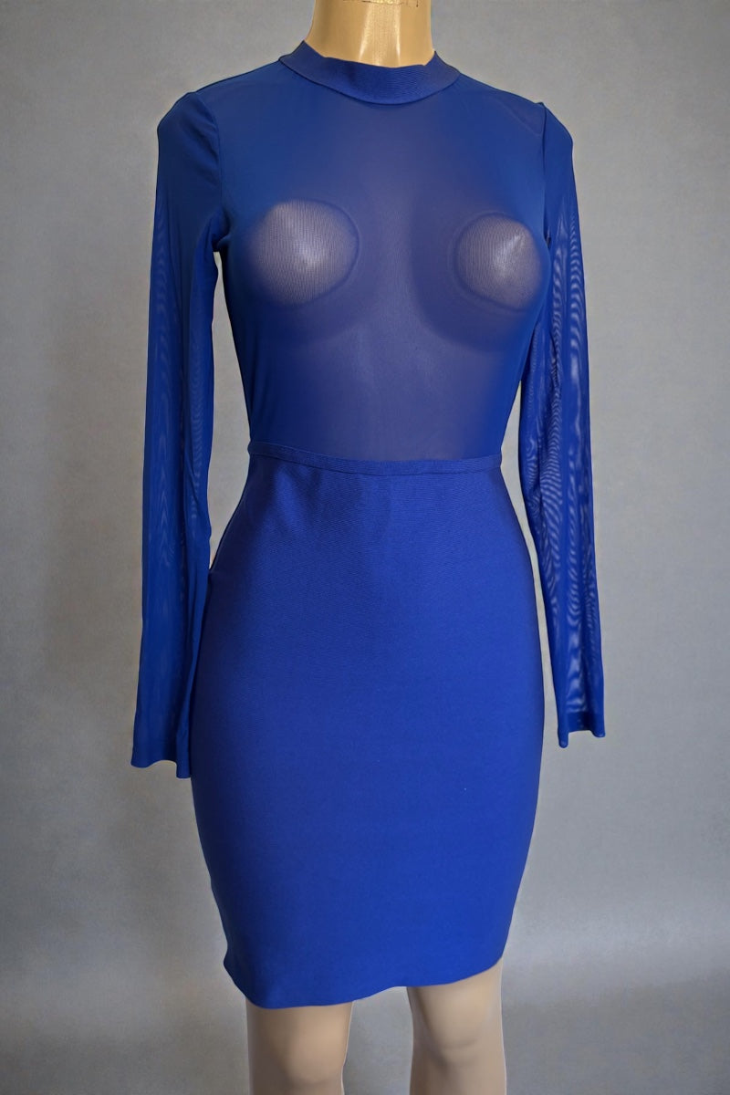 Blue dress with sheer panels on a mannequin against a gray background