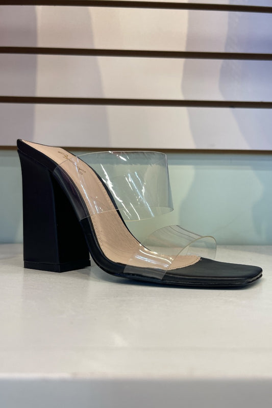 Clear Double Straps Block Heel Mules