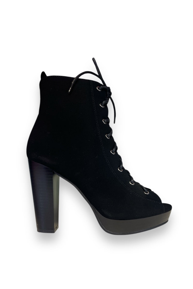 Open Toe Block Heel Lace Up Ankle Boots Black 6.5