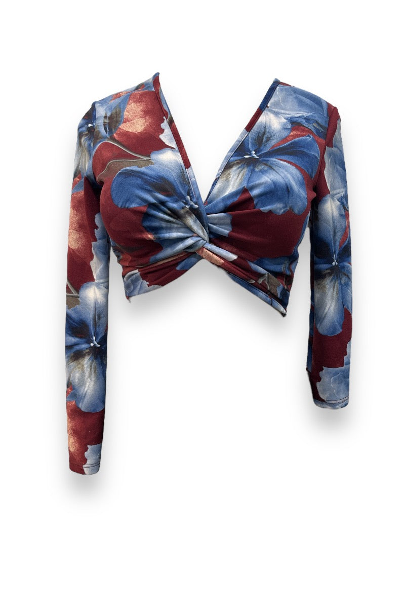 Asymmetrical Sleeves Print Twist Top