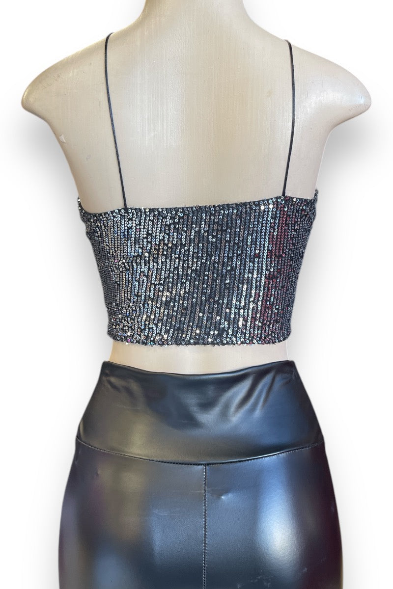 Lace Up Sequin and Satin Crop Top