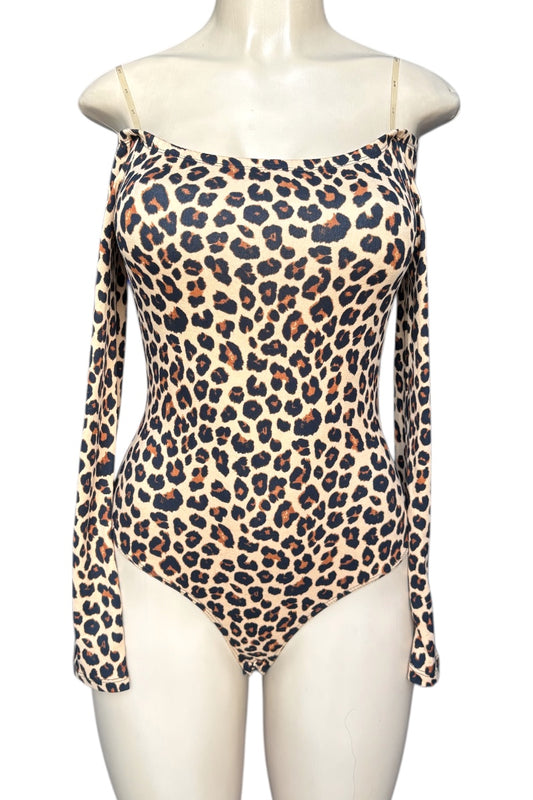 Leopard print bodysuit on a mannequin against a white background