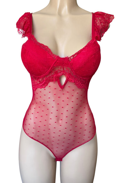 Red lace bodysuit on a mannequin against a white background