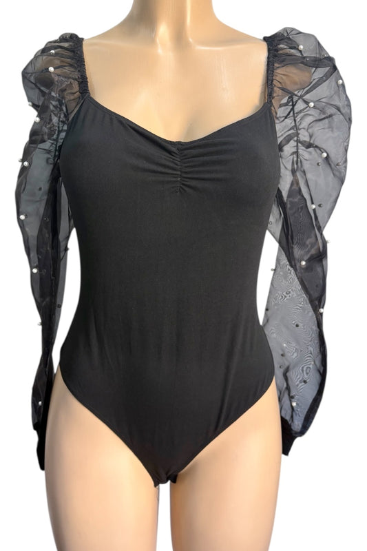 Black bodysuit with sheer puff sleeves on a mannequin against a white background