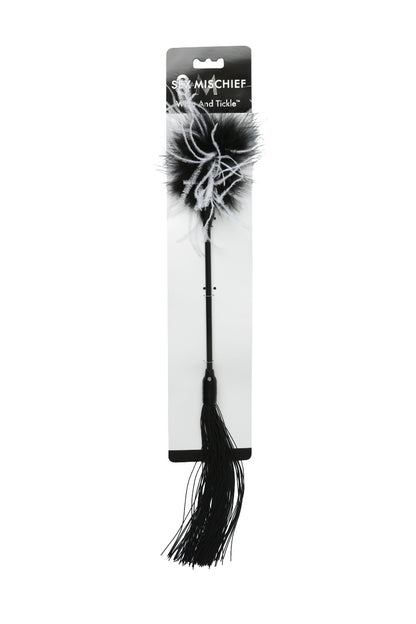 Black dandelion feather whip with packaging on a white background