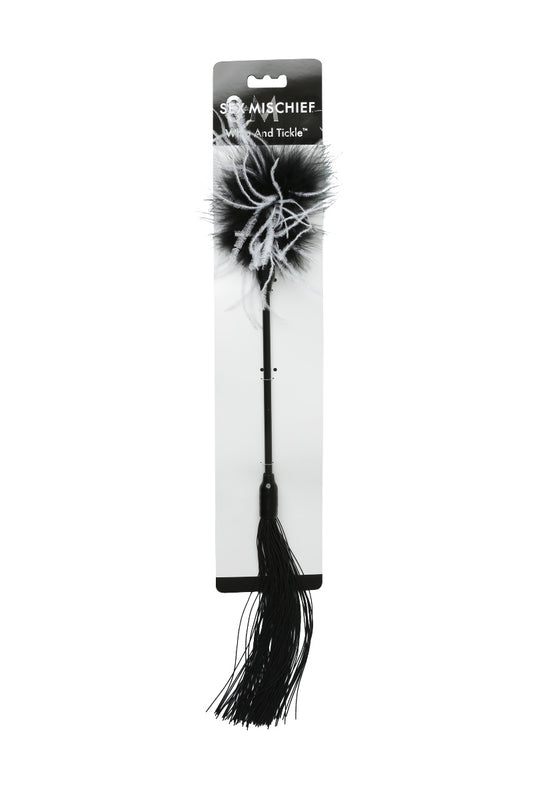 Black dandelion feather whip with packaging on a white background