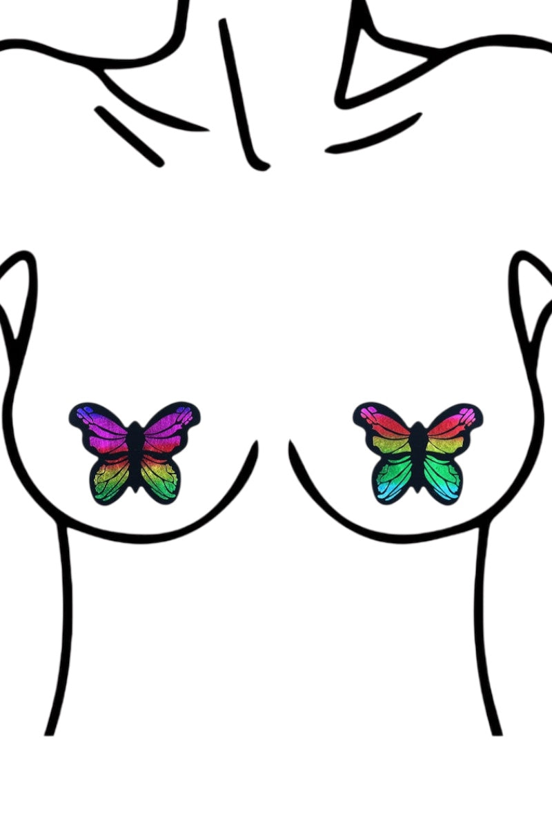 Illustration of a torso with colorful butterfly pasties on a white background