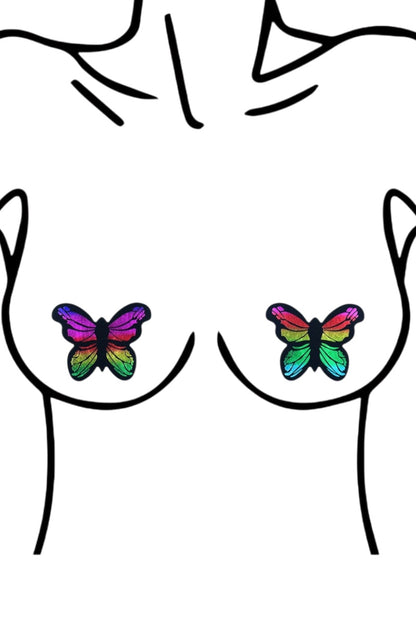 Illustration of a torso with colorful butterfly pasties on a white background