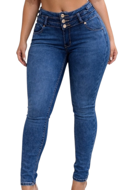 Blue jeans with a high waistband on a white background