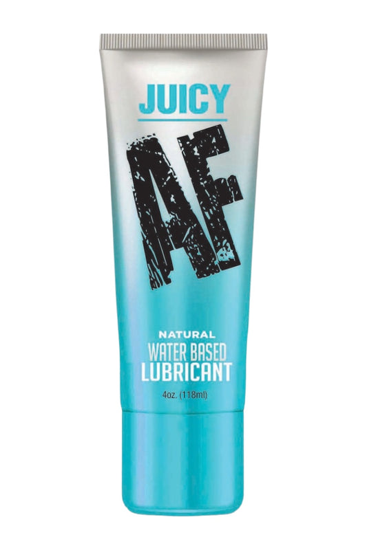 Tube of Juicy AF natural water-based lubricant on a white background