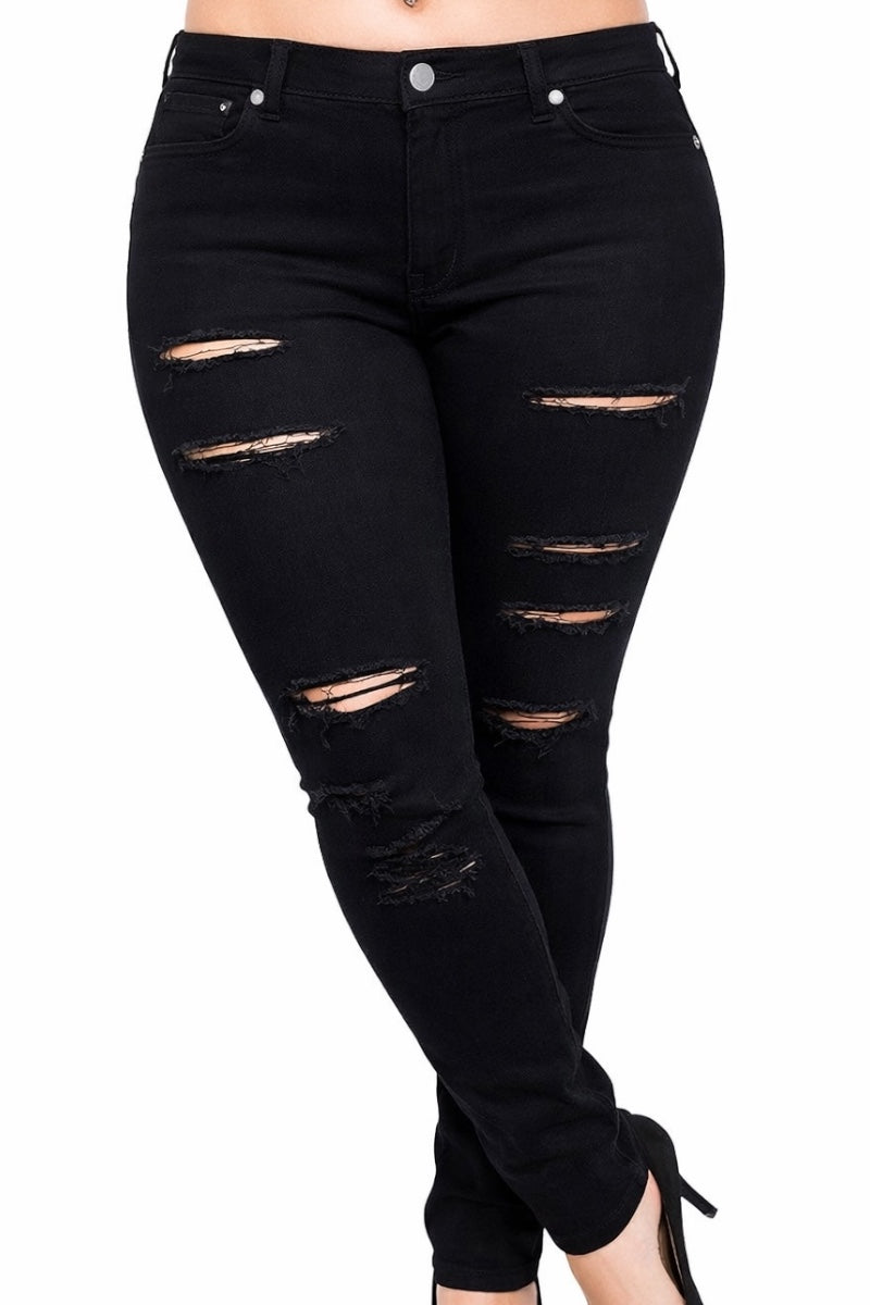 Black distressed jeans on a white background