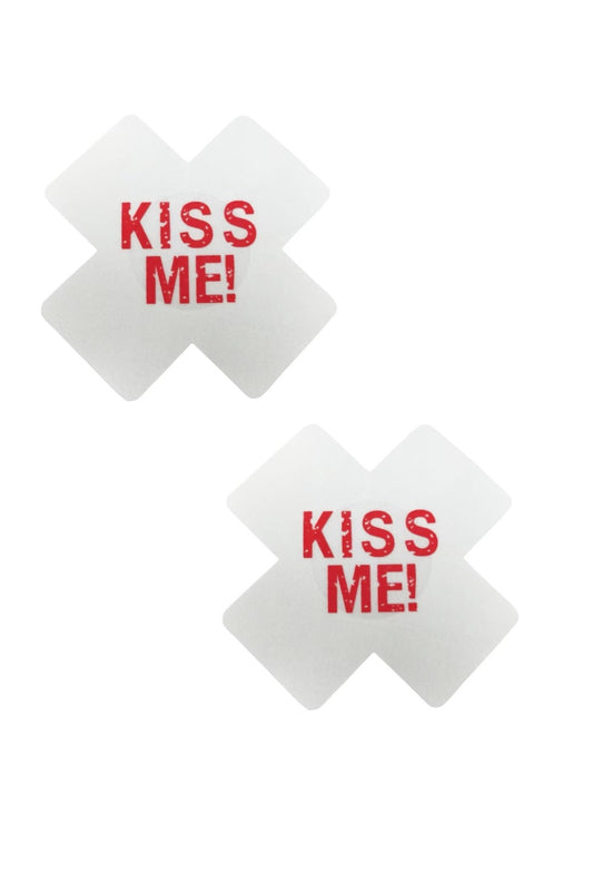 Two white pasties with 'KISS ME!' text in red on a white background