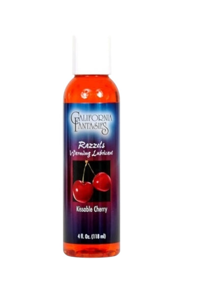 Bottle of California Fantasies Razzles Warming Lubricant with cherries on a white background