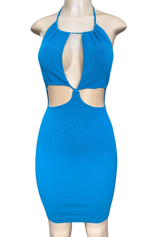 Blue dress with cut-out design on a mannequin against a white background