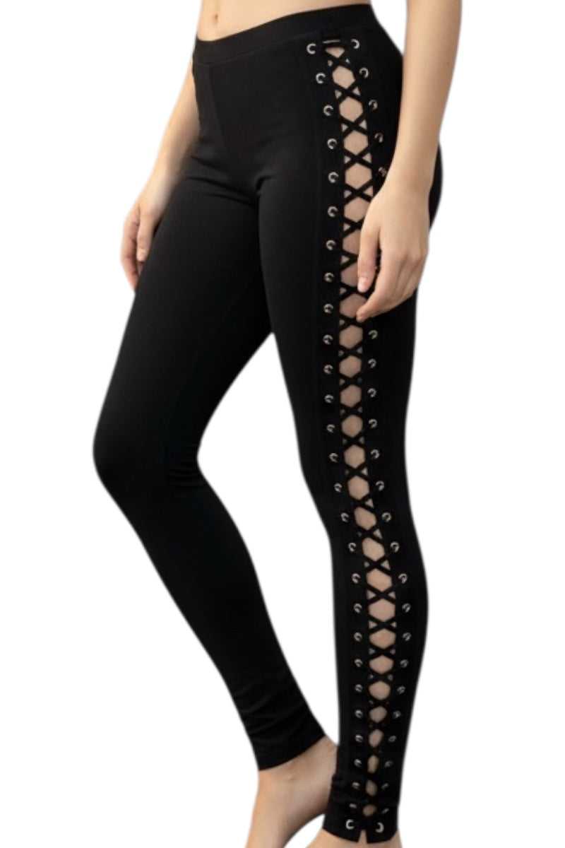 Black leggings with lace-up side panels on a white background