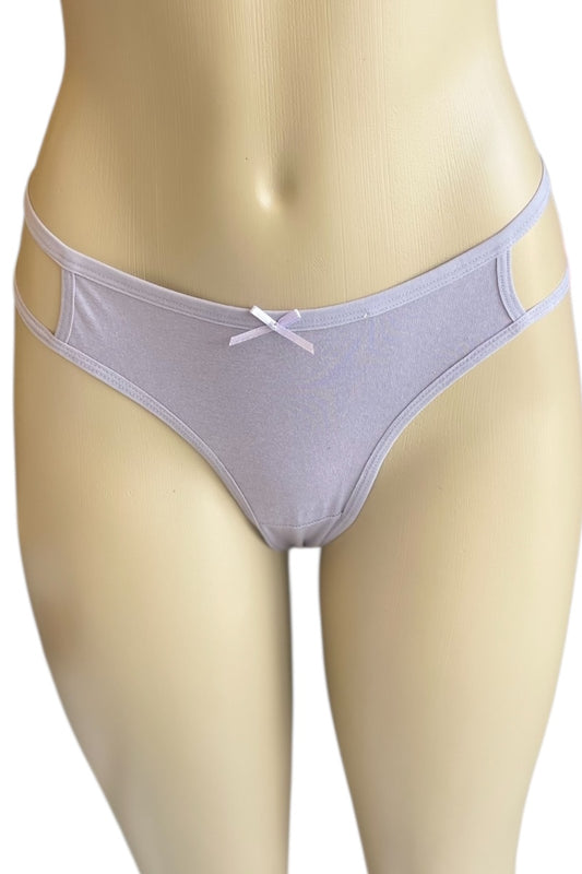 lavender thong underwear on a mannequin with a white background
