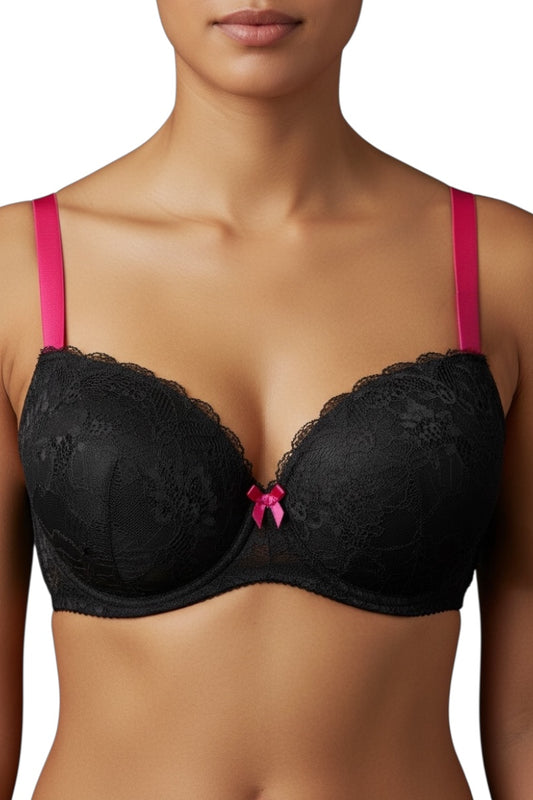 Black lace bra with pink straps worn by a model on a white background