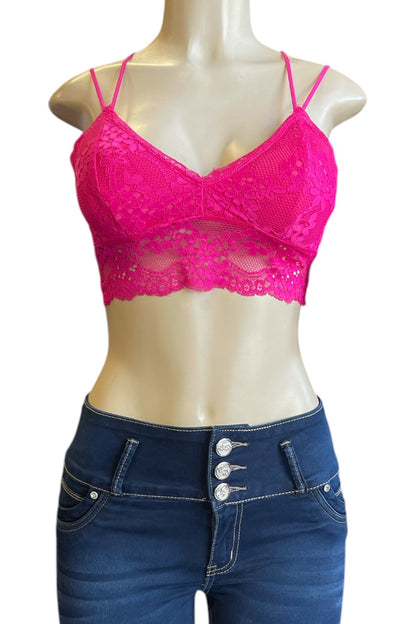 Lace Bustier Strappy Crop Top - Hot Pink