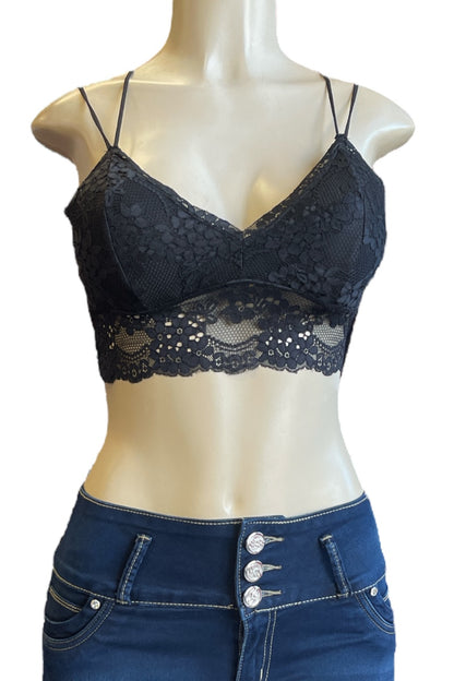Lace Bustier Strappy Crop Top - Black