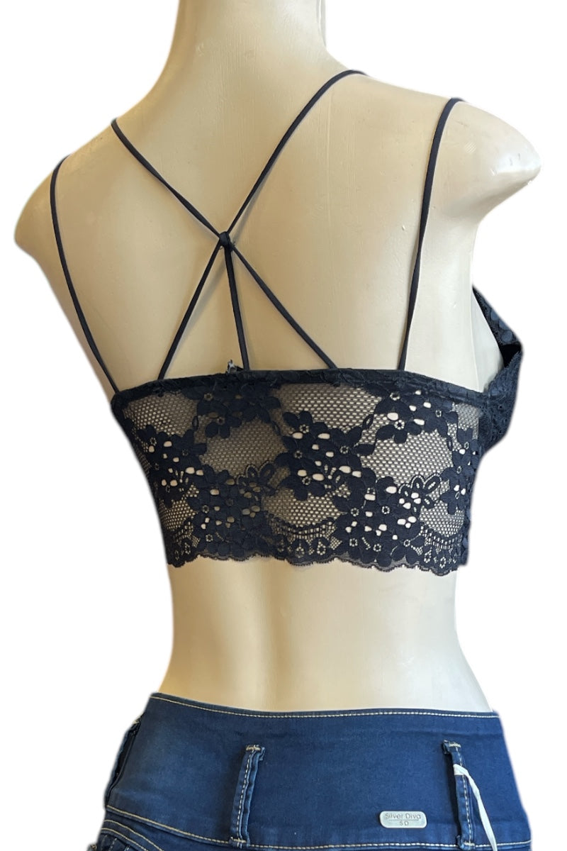 Lace Bustier Strappy Crop Top - Black