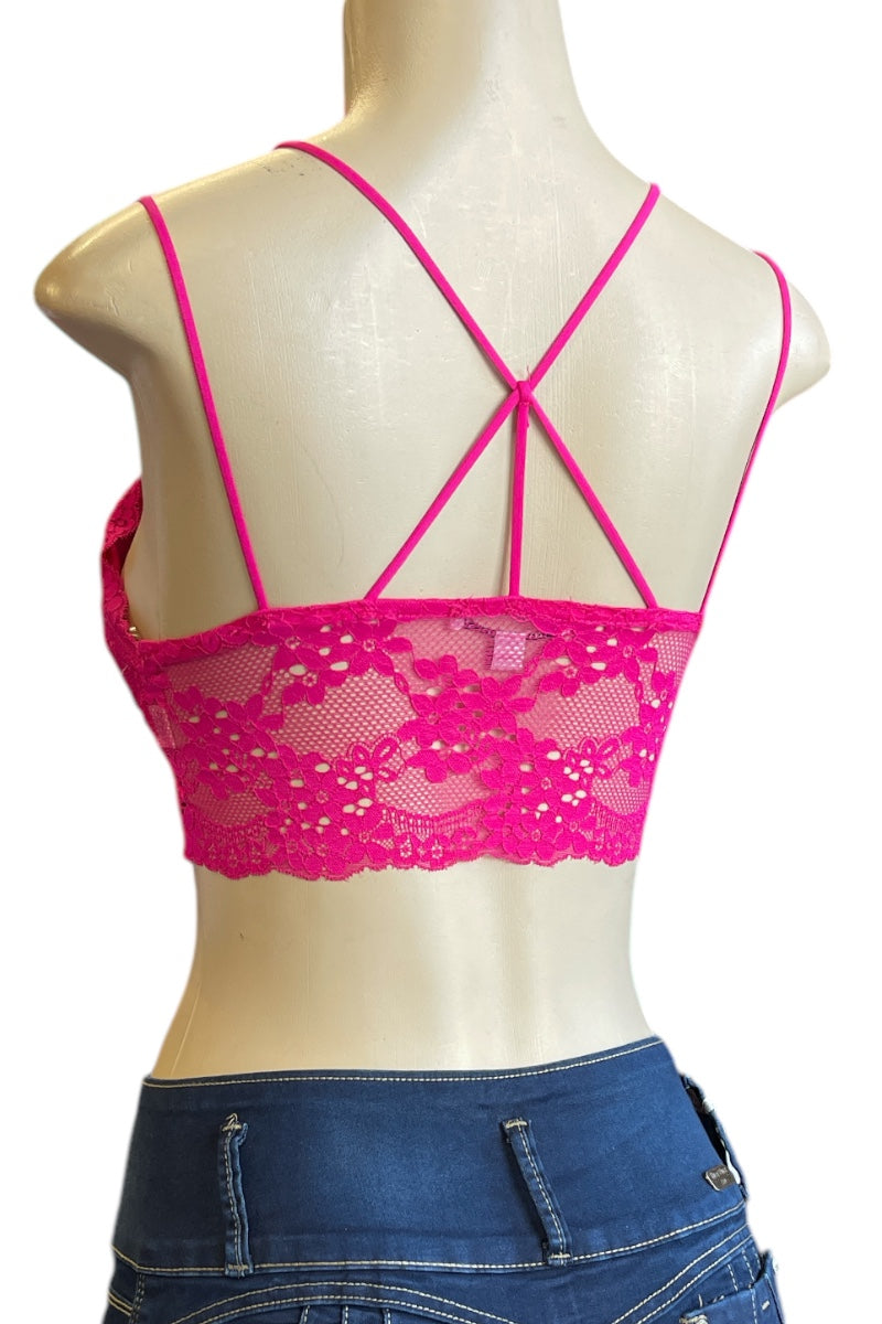 Lace Bustier Strappy Crop Top - Hot Pink