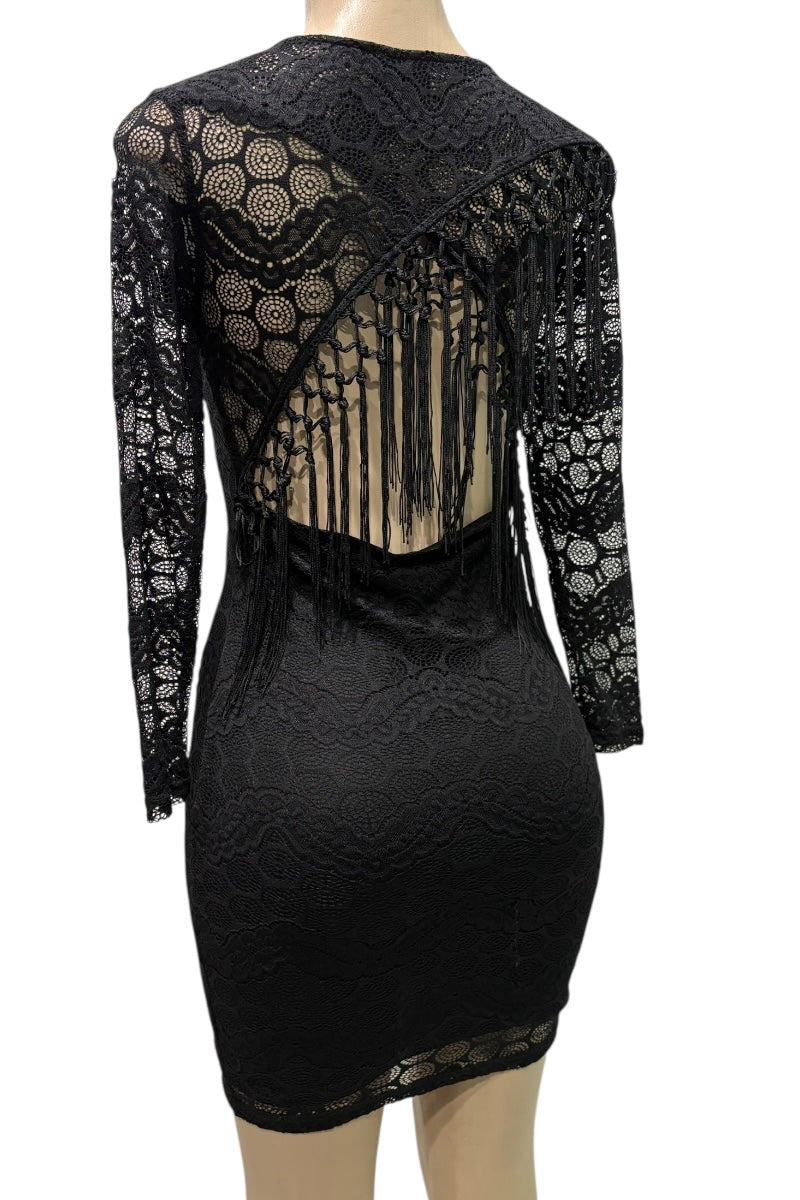 Black lace dress with long sleeves on a mannequin against a white background