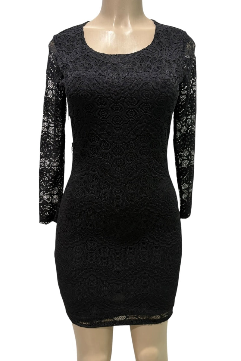 Black lace dress on a mannequin against a white background