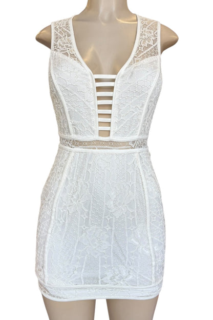 White lace dress on a mannequin against a white background