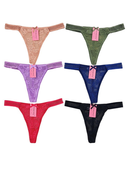 Set of six colorful women's panties with tags on a white background