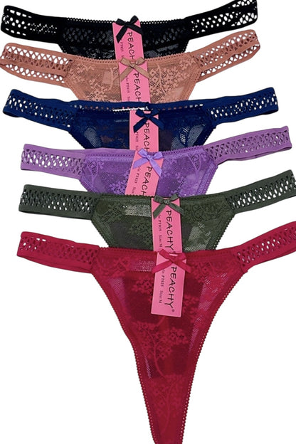 Six lace thongs in different colors with a pink tag on a white background