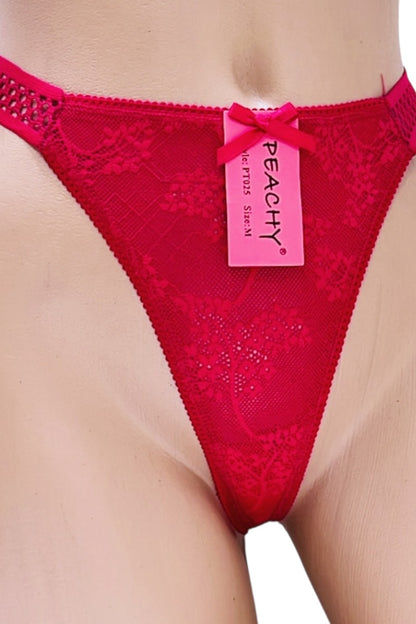 Red lace thong with a pink 'Peachy' tag on a white background