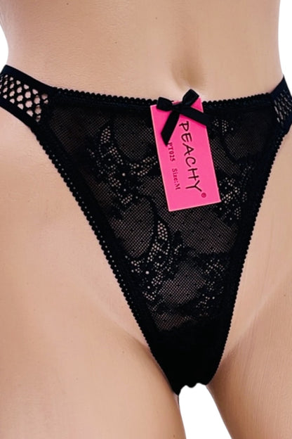 Black lace lingerie with a pink tag labeled 'Peachy' on a white background