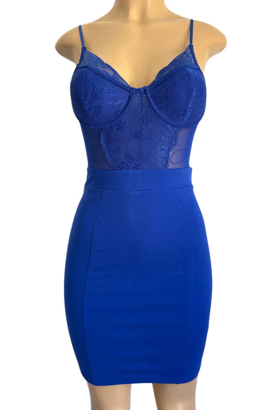 Blue lace dress on a mannequin against a white background