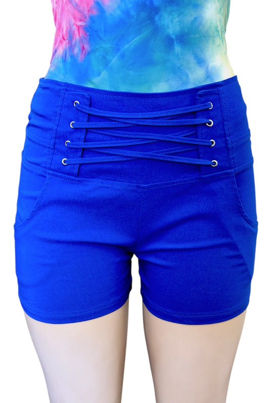 Blue shorts with lace-up front on a white background