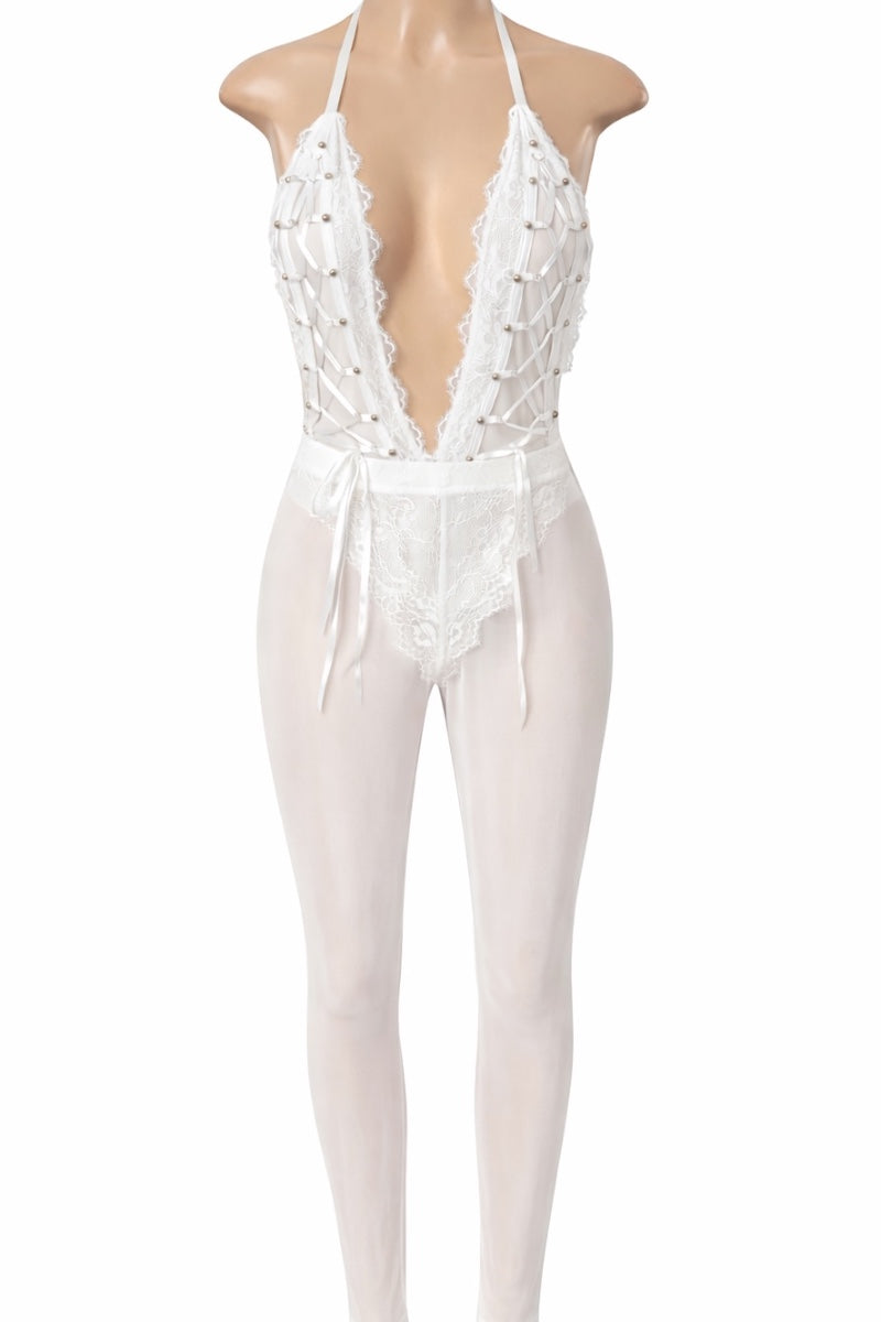 White lace bodysuit on a mannequin against a white background