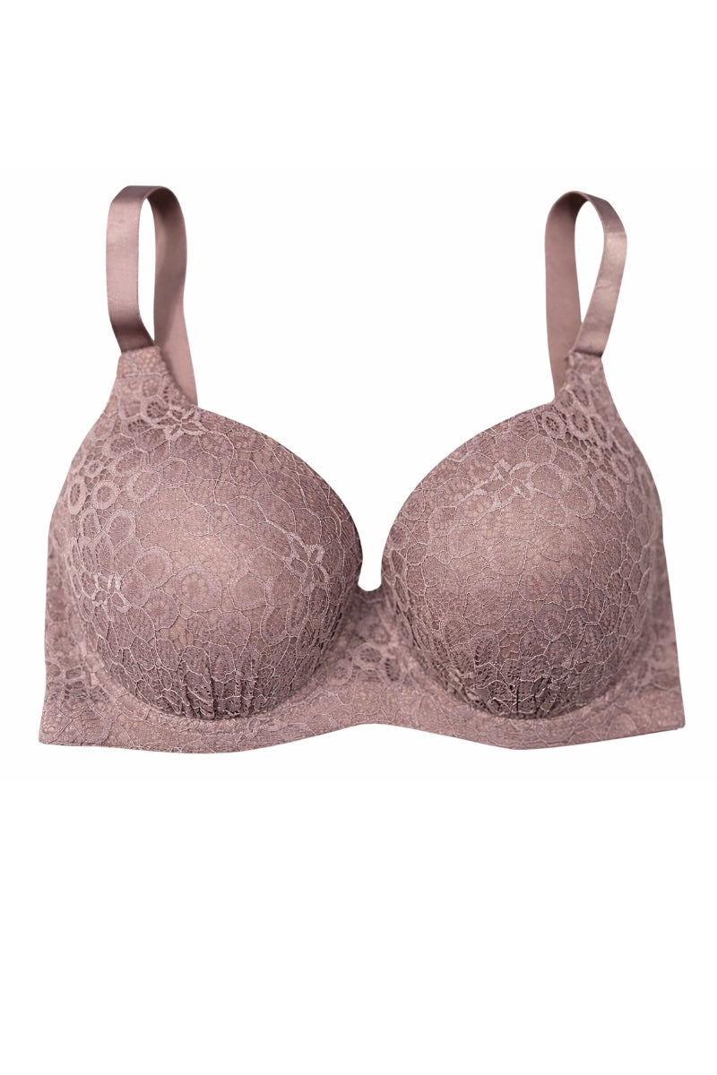 Lace bra in a soft taupe color on a white background