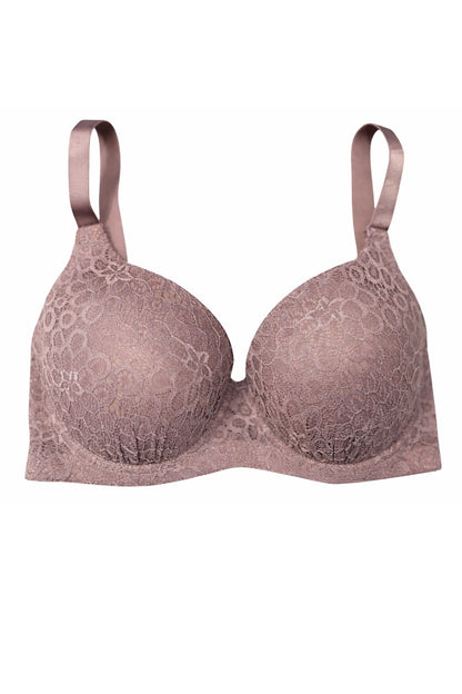 Lace bra in a soft taupe color on a white background