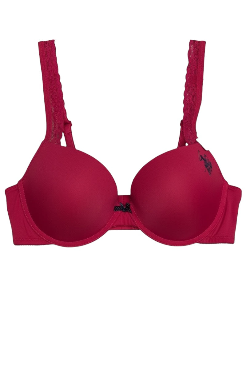 Fuchsia bra with lace straps on a white background