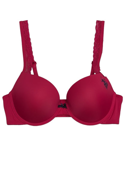 Fuchsia bra with lace straps on a white background