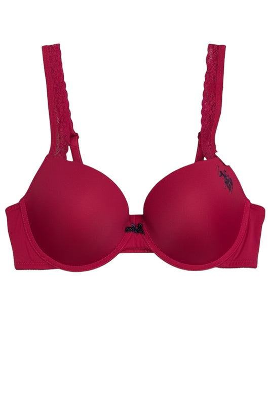 Fuchsia bra with lace straps on a white background