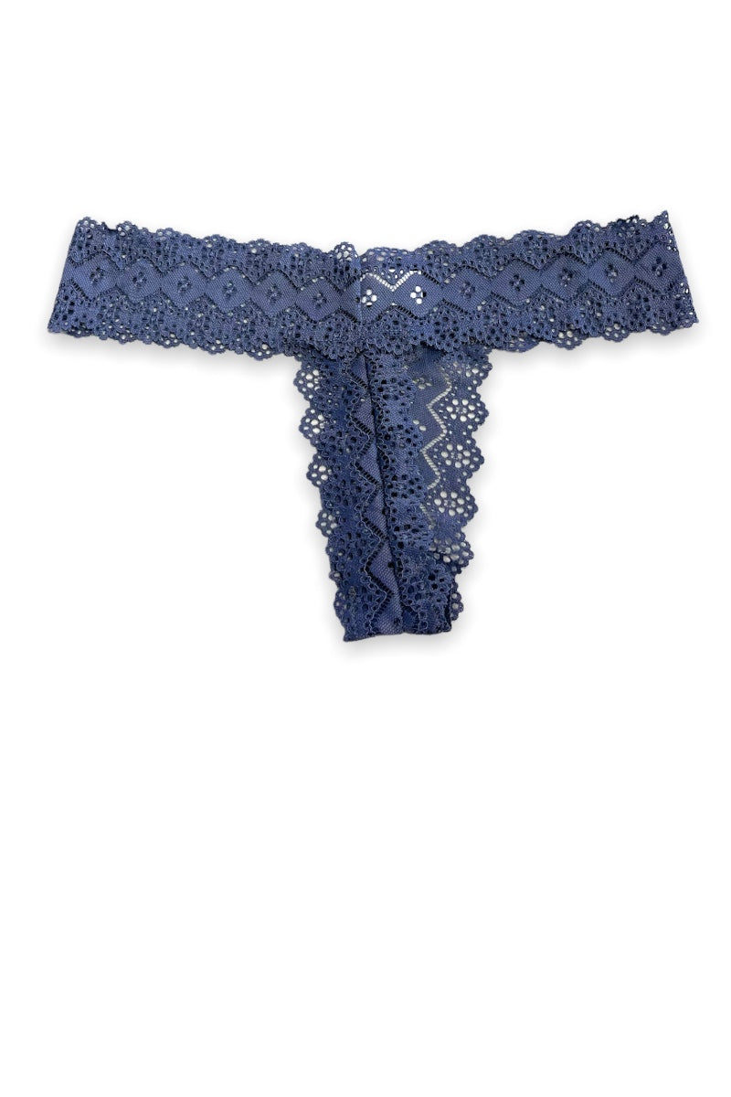 Navy blue lace thong on a white background