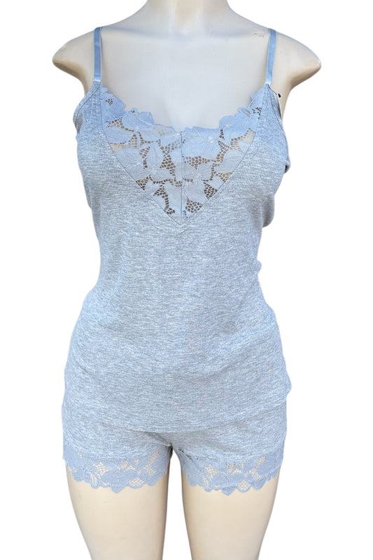 grey lace-trimmed pajama set on a mannequin against a white background