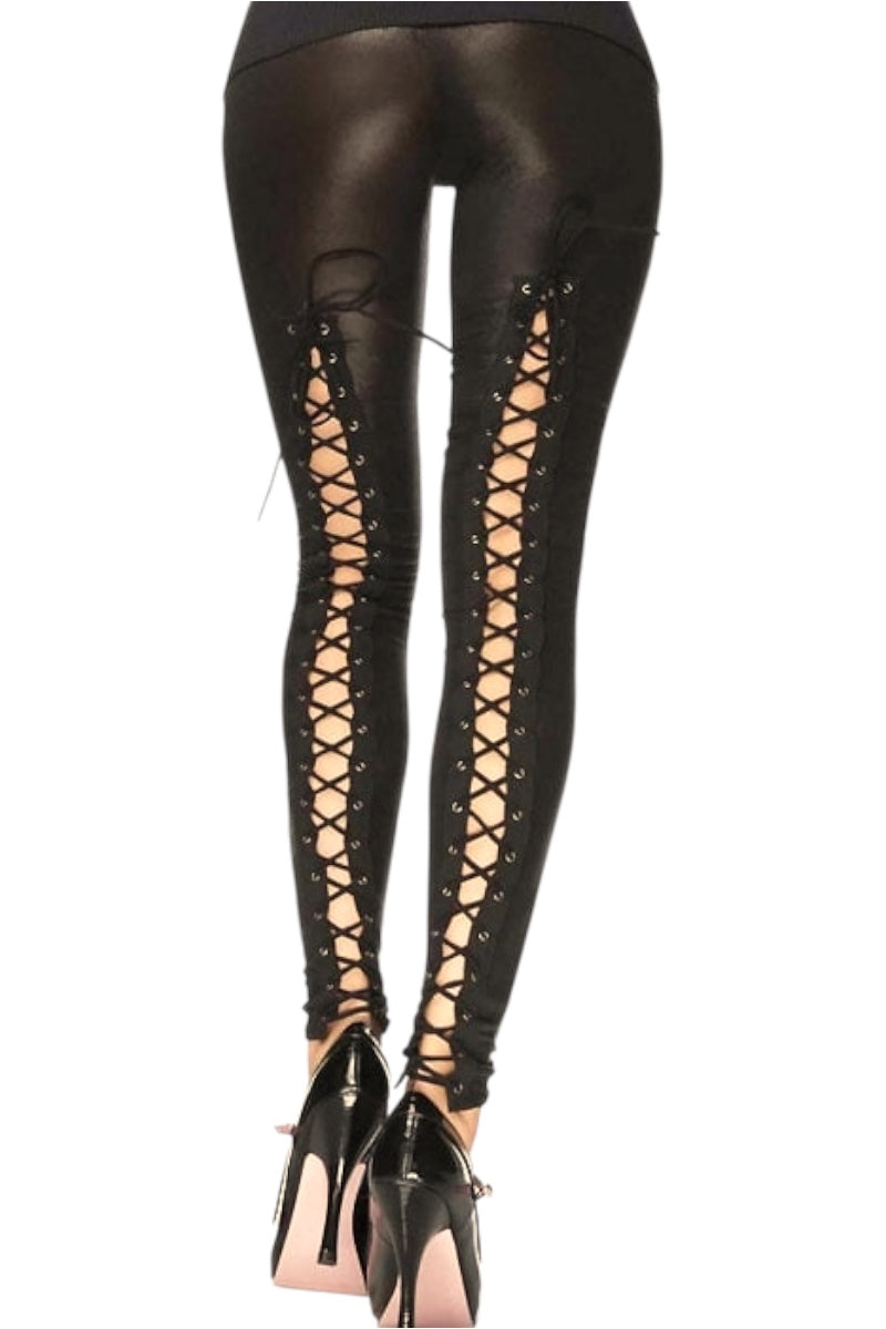 Black lace-up leggings with high-heeled shoes on a white background